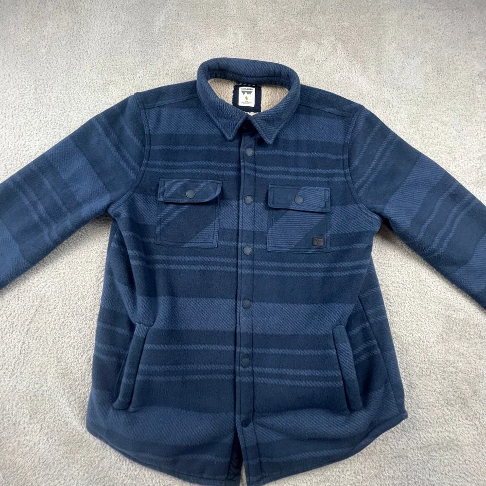Voyager Mens Blue Striped Sherpa Lined Fleece Shirt Jacket‎ Shacket Medium
